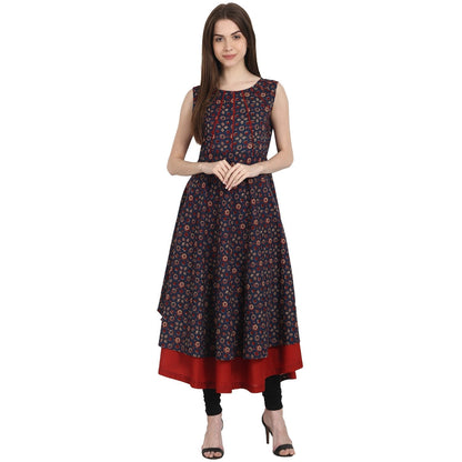 Multi Printed Sleevless Cotton Anarkali Kurta With Red Inner | LASVINI - Redefining Indian Fashion with Elegance