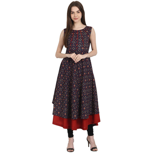 Multi Printed Sleevless Cotton Anarkali Kurta With Red Inner | LASVINI - Redefining Indian Fashion with Elegance