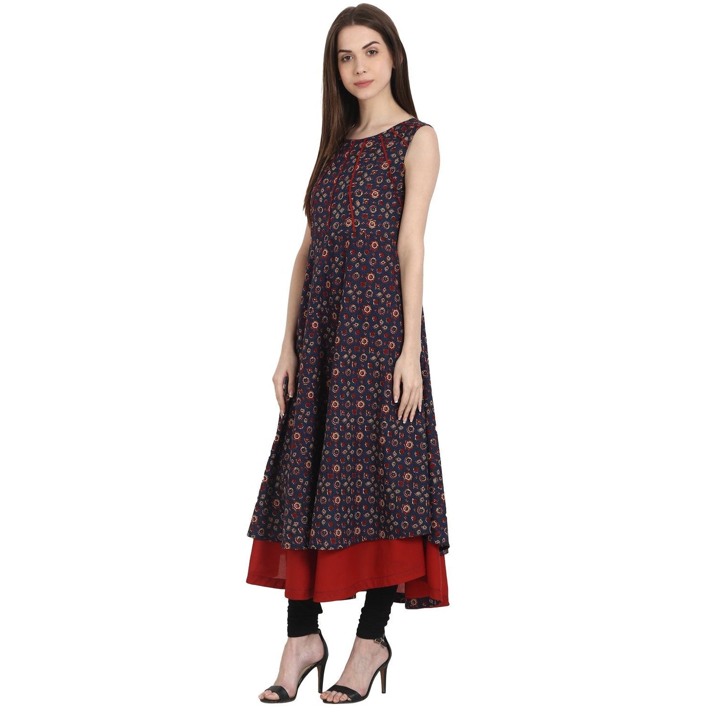 Multi Printed Sleevless Cotton Anarkali Kurta With Red Inner | LASVINI - Redefining Indian Fashion with Elegance