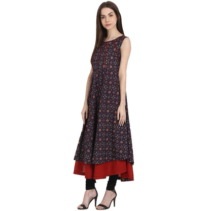 Multi Printed Sleevless Cotton Anarkali Kurta With Red Inner | LASVINI - Redefining Indian Fashion with Elegance