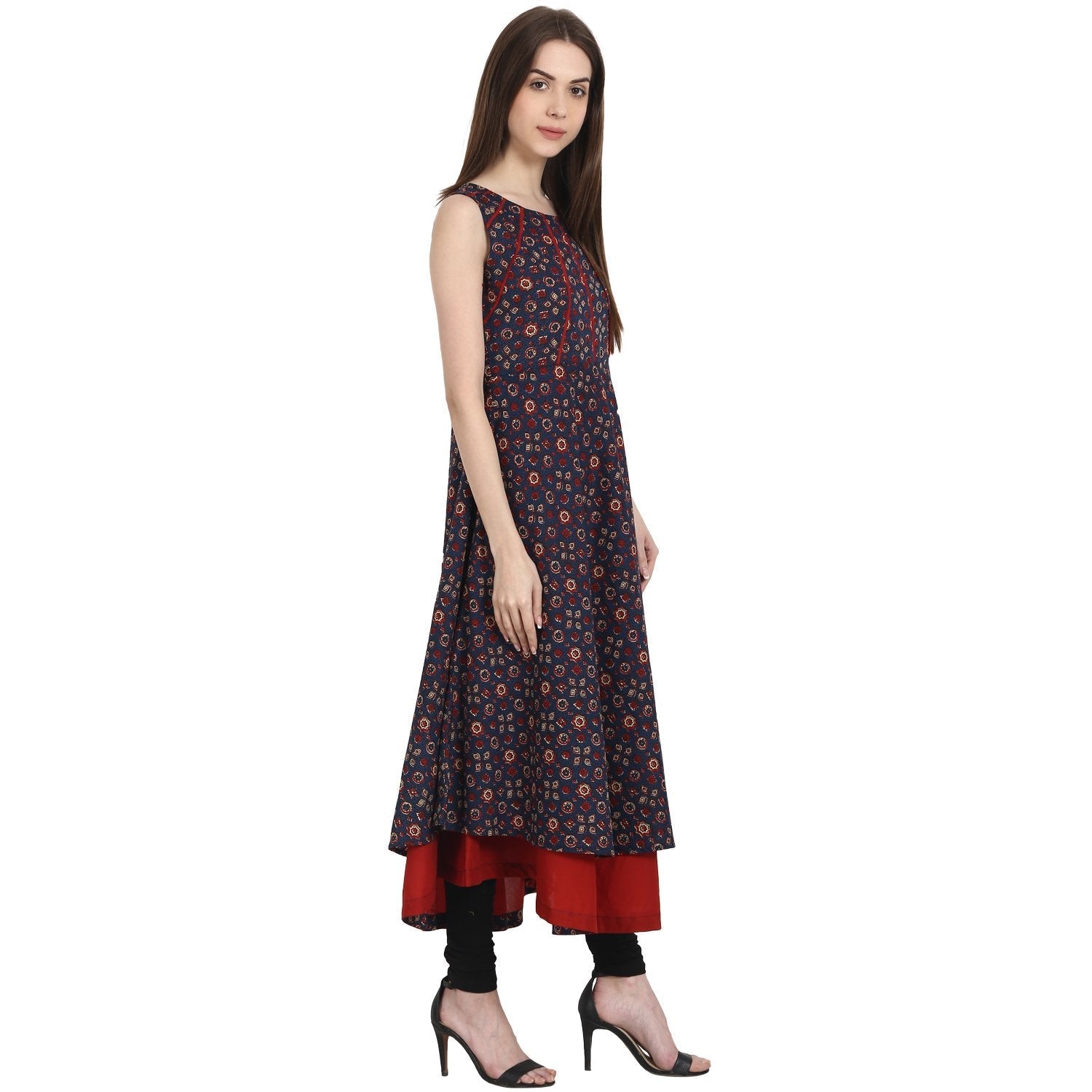 Multi Printed Sleevless Cotton Anarkali Kurta With Red Inner | LASVINI - Redefining Indian Fashion with Elegance