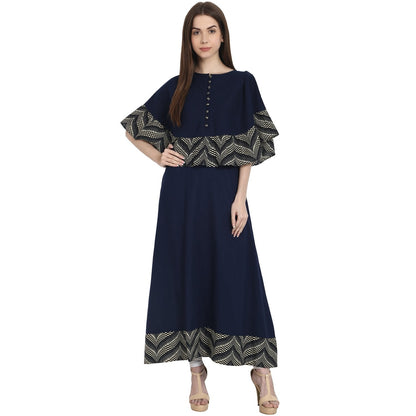 Navy Blue Cotton Slub A-Line Floor Length Kurta | LASVINI - Redefining Indian Fashion with Elegance