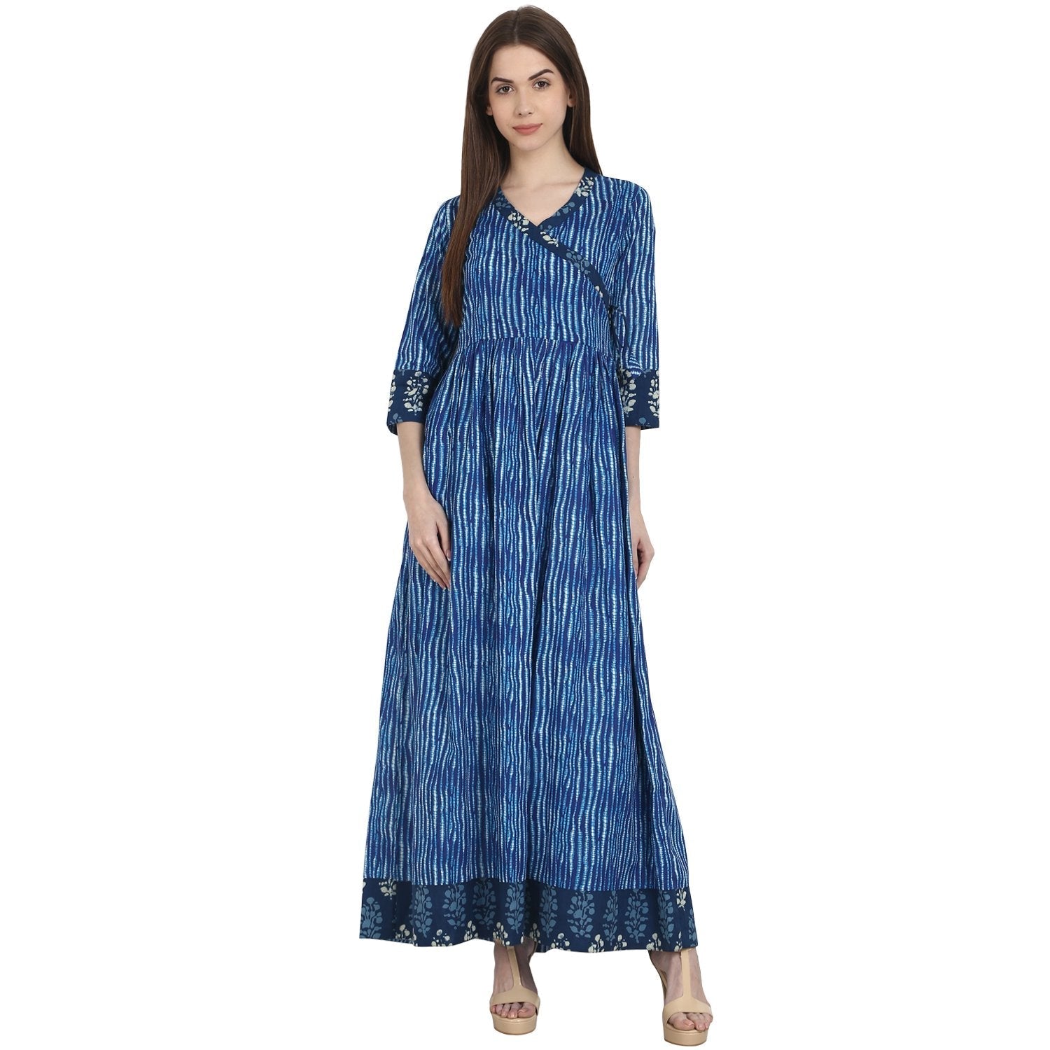 Blue Printed 3/4 Sleeve Cotton Anghrakha Kurta | LASVINI - Redefining Indian Fashion with Elegance