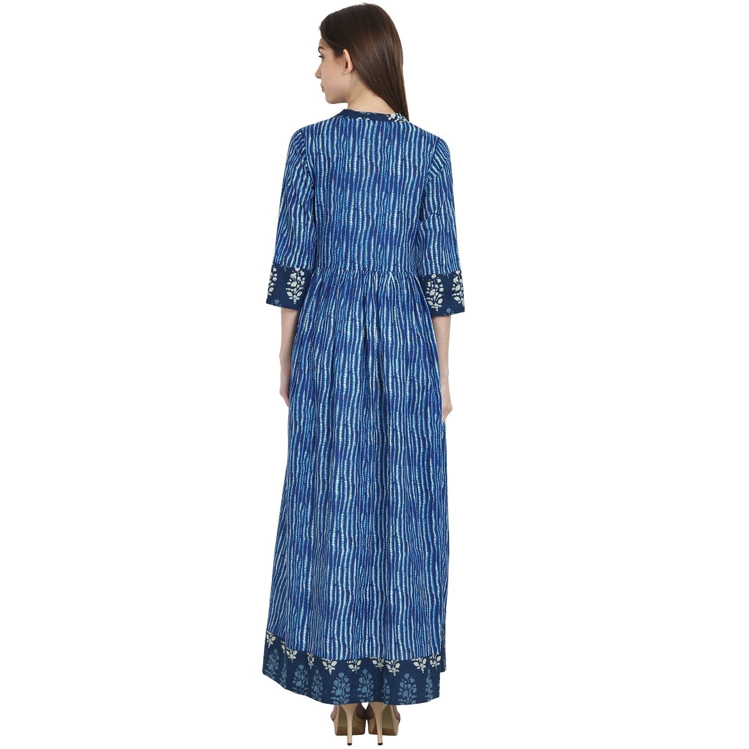 Blue Printed 3/4 Sleeve Cotton Anghrakha Kurta | LASVINI - Redefining Indian Fashion with Elegance