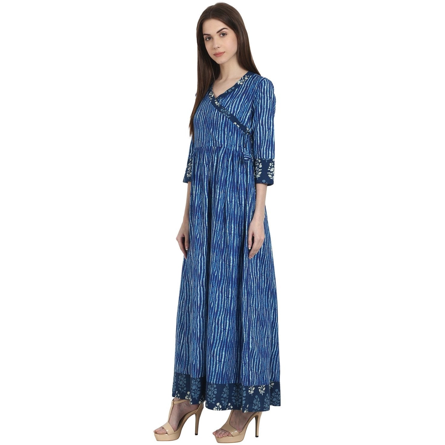Blue Printed 3/4 Sleeve Cotton Anghrakha Kurta | LASVINI - Redefining Indian Fashion with Elegance