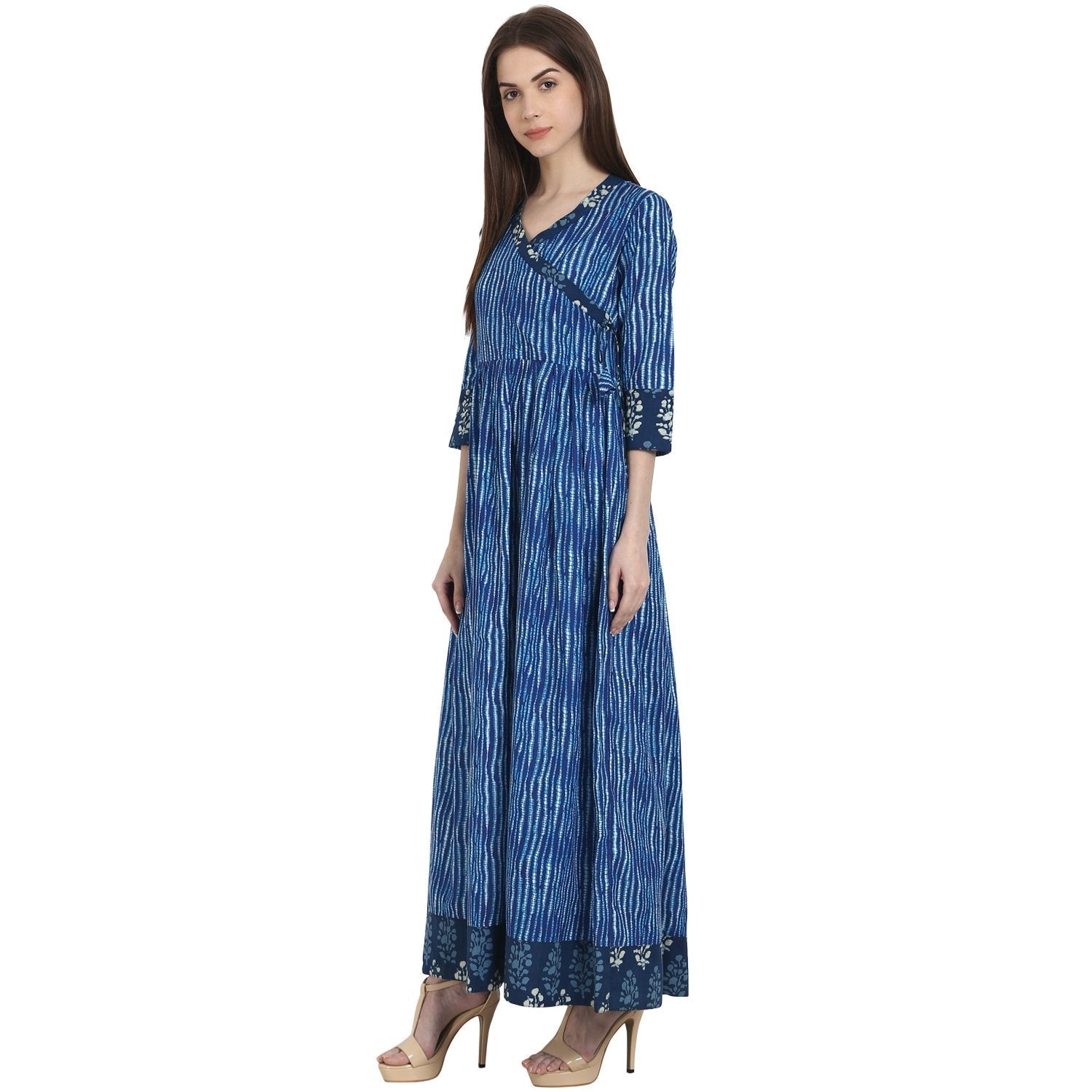 Blue Printed 3/4 Sleeve Cotton Anghrakha Kurta | LASVINI - Redefining Indian Fashion with Elegance