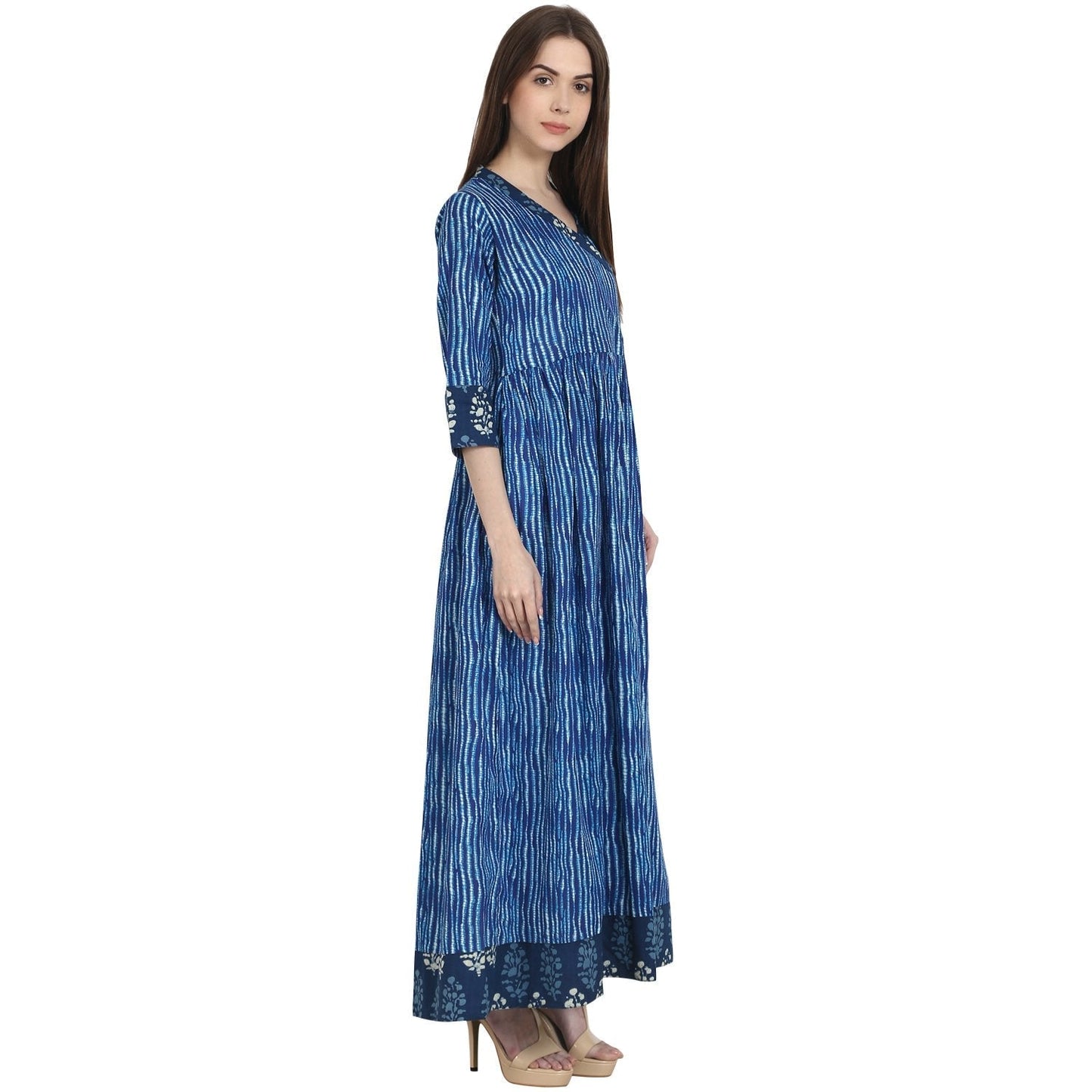 Blue Printed 3/4 Sleeve Cotton Anghrakha Kurta | LASVINI - Redefining Indian Fashion with Elegance