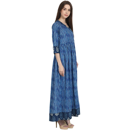 Blue Printed 3/4 Sleeve Cotton Anghrakha Kurta | LASVINI - Redefining Indian Fashion with Elegance