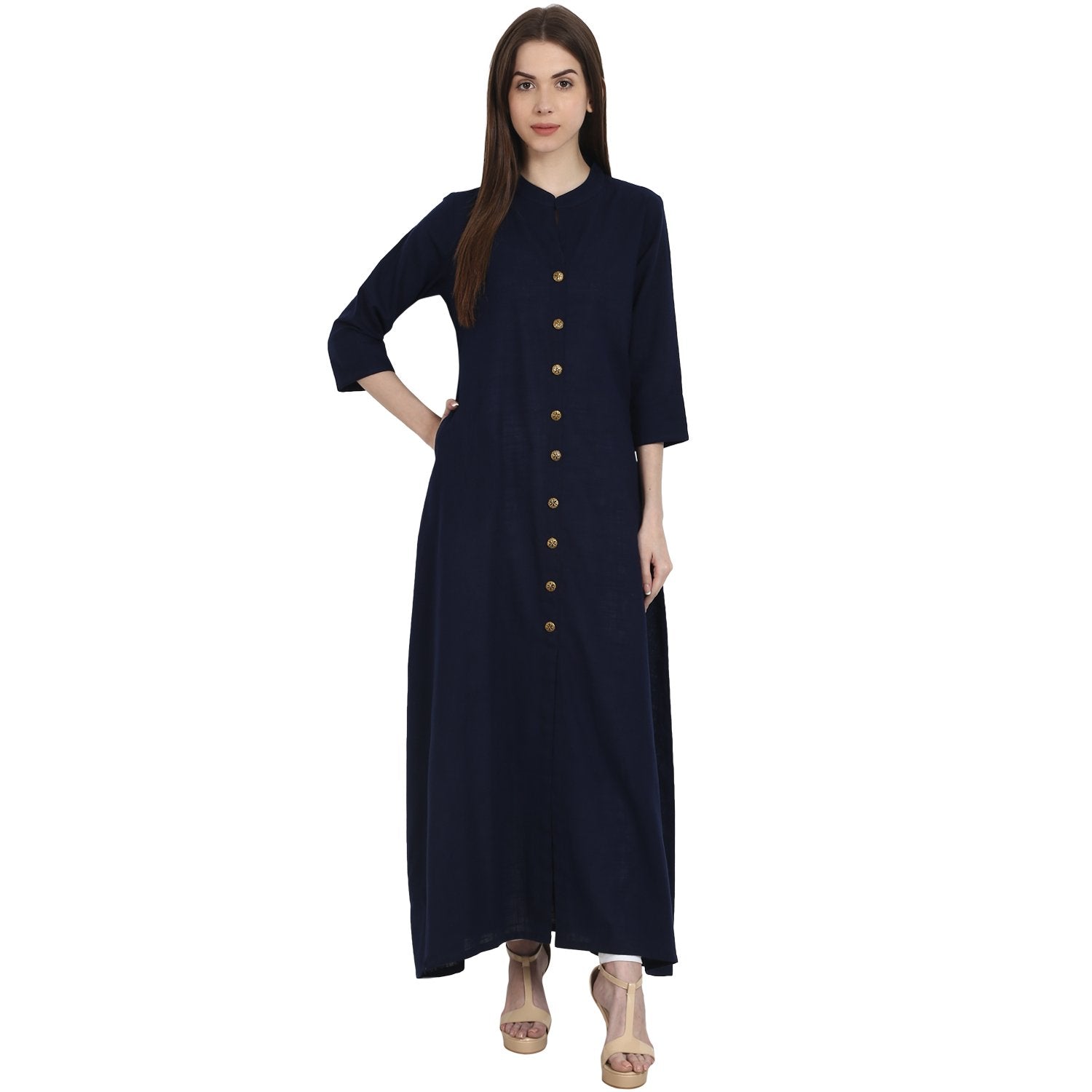 Navy Blue 3/4 Sleeve Front Open Cotton Slub A-Line Kurta | LASVINI - Redefining Indian Fashion with Elegance