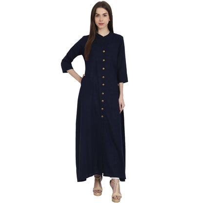 Navy Blue 3/4 Sleeve Front Open Cotton Slub A-Line Kurta | LASVINI - Redefining Indian Fashion with Elegance