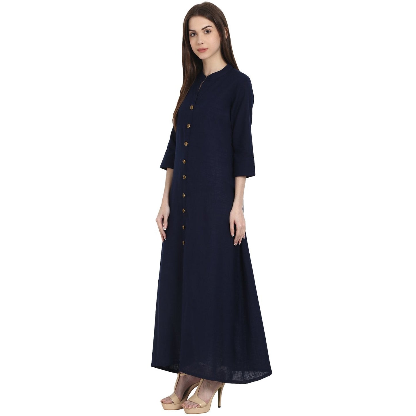 Navy Blue 3/4 Sleeve Front Open Cotton Slub A-Line Kurta | LASVINI - Redefining Indian Fashion with Elegance