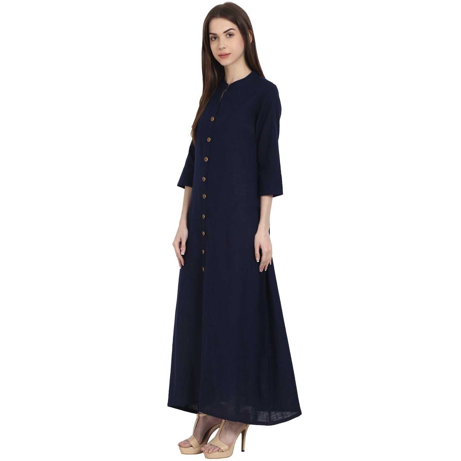 Navy Blue 3/4 Sleeve Front Open Cotton Slub A-Line Kurta | LASVINI - Redefining Indian Fashion with Elegance