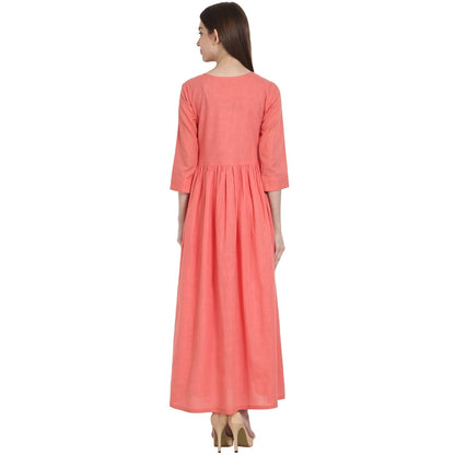 Peach 3/4 Sleeve Cotton Slub A-Line Kurta | LASVINI - Redefining Indian Fashion with Elegance