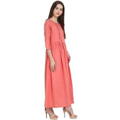 Peach 3/4 Sleeve Cotton Slub A-Line Kurta | LASVINI - Redefining Indian Fashion with Elegance
