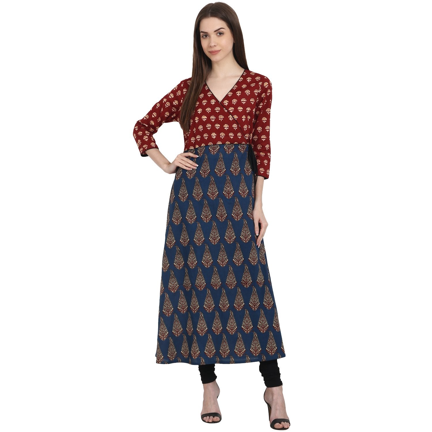Multi Printed 3/4 Sleeve Cotton A-Line Kurta | LASVINI - Redefining Indian Fashion with Elegance