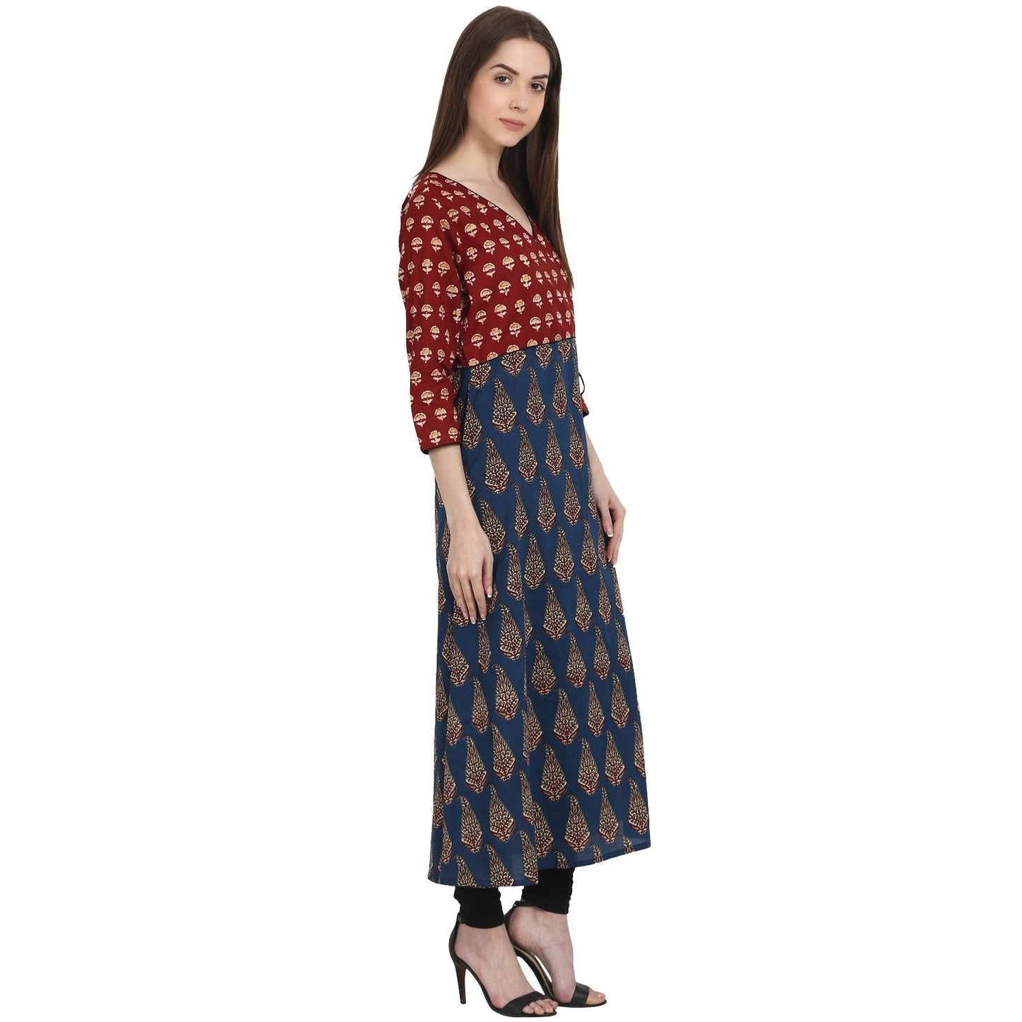 Multi Printed 3/4 Sleeve Cotton A-Line Kurta | LASVINI - Redefining Indian Fashion with Elegance