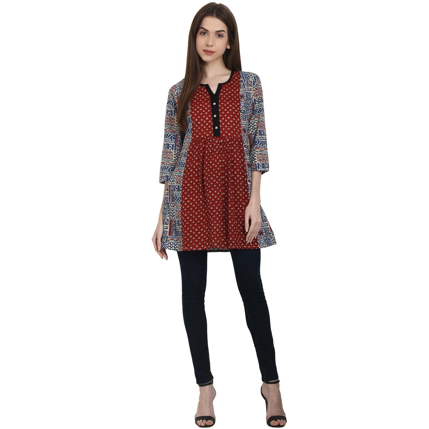 Multi Printed 3/4 Sleeve Cotton A-Line Tunics | LASVINI - Redefining Indian Fashion with Elegance