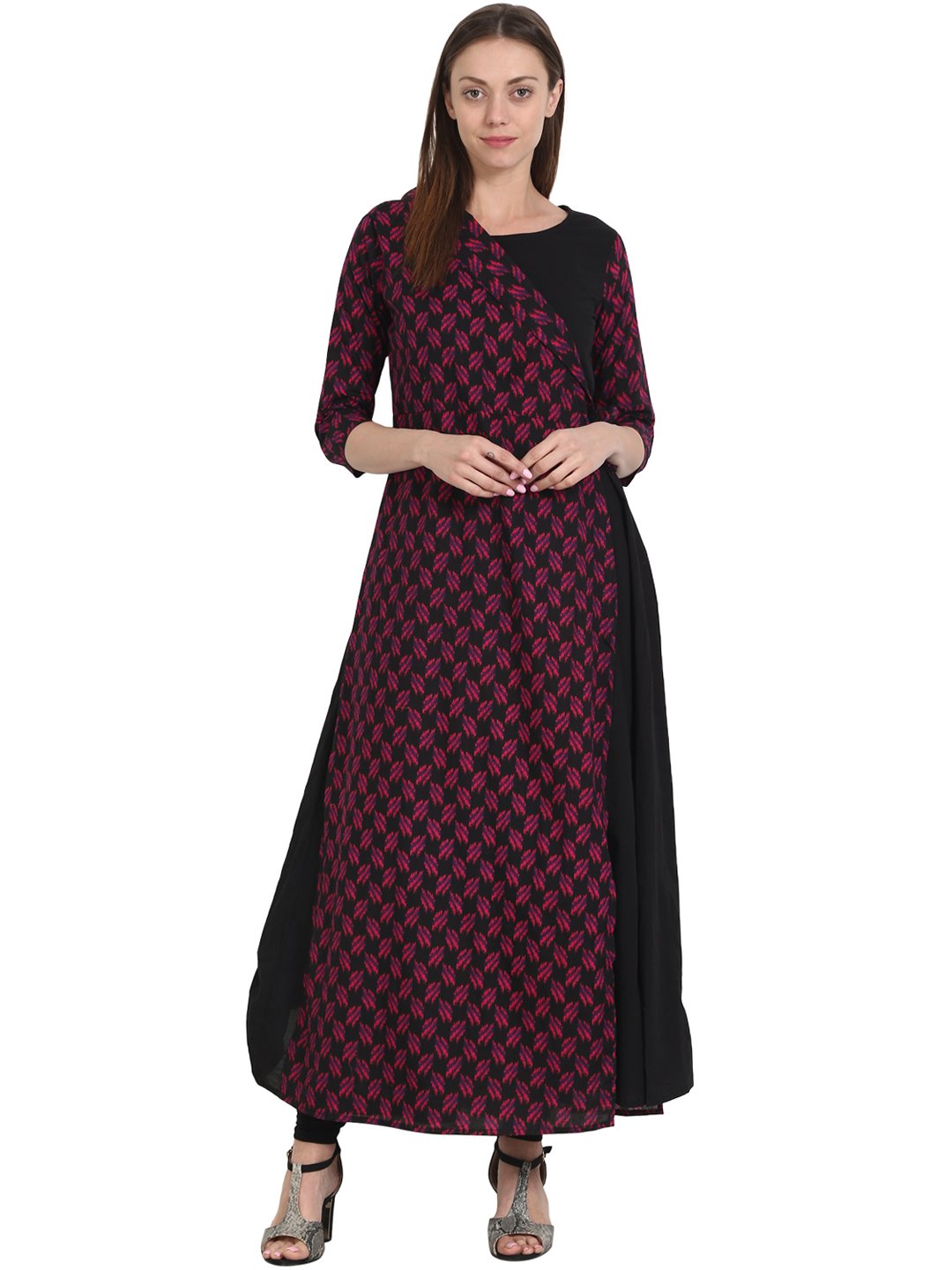 Women Printed Black Three-Quarter Sleeves Round Neck Cotton A-Line Kurta | LASVINI - Redefining Indian Fashion with Elegance