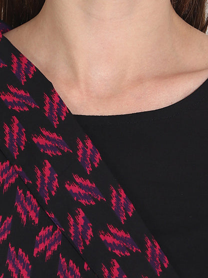 Women Printed Black Three-Quarter Sleeves Round Neck Cotton A-Line Kurta | LASVINI - Redefining Indian Fashion with Elegance