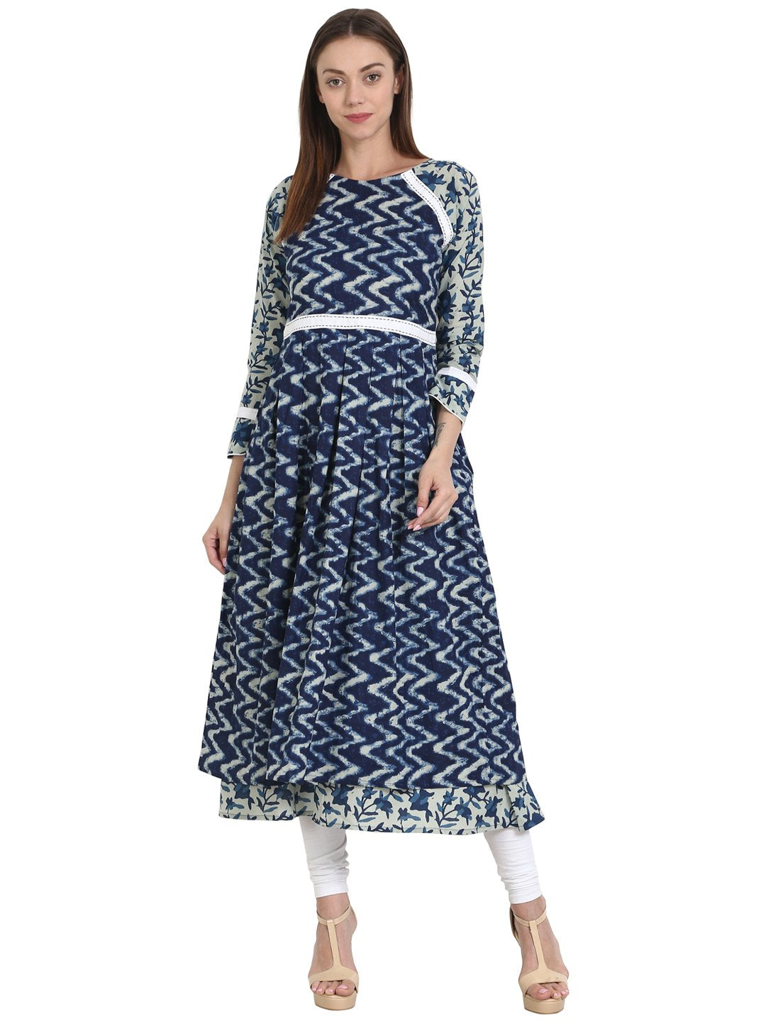 Blue Printed 3/4 Sleeve Cotton Double Layered Anarkali Kurta | LASVINI - Redefining Indian Fashion with Elegance