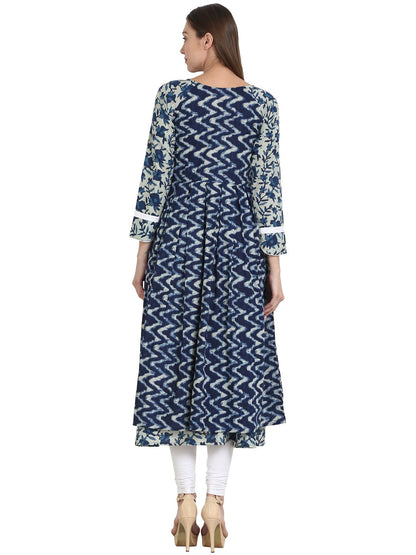 Blue Printed 3/4 Sleeve Cotton Double Layered Anarkali Kurta | LASVINI - Redefining Indian Fashion with Elegance