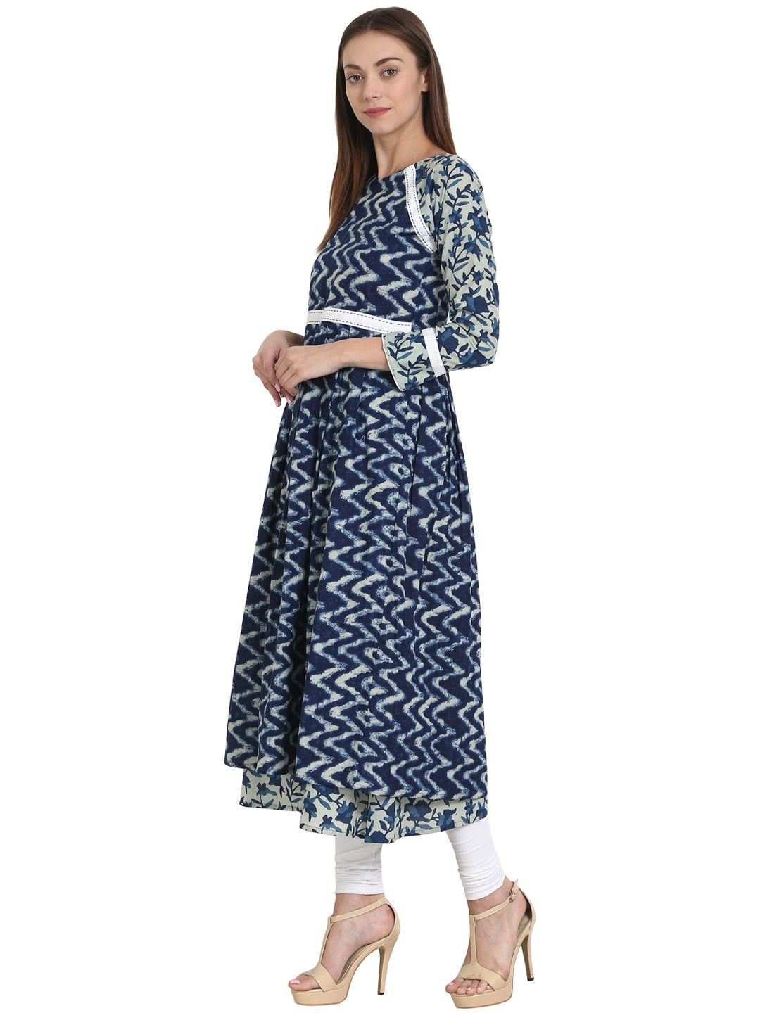 Blue Printed 3/4 Sleeve Cotton Double Layered Anarkali Kurta | LASVINI - Redefining Indian Fashion with Elegance