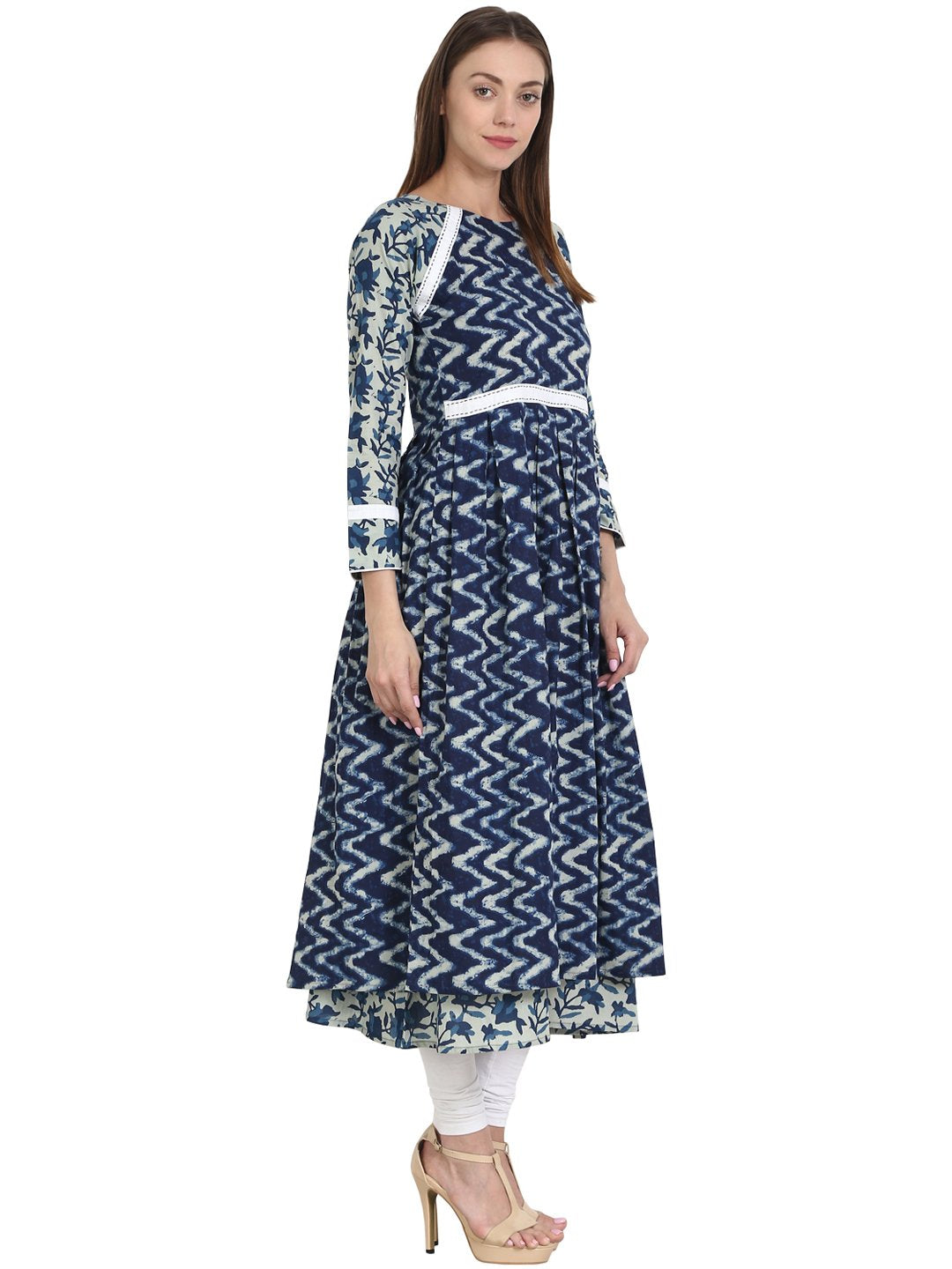 Blue Printed 3/4 Sleeve Cotton Double Layered Anarkali Kurta | LASVINI - Redefining Indian Fashion with Elegance