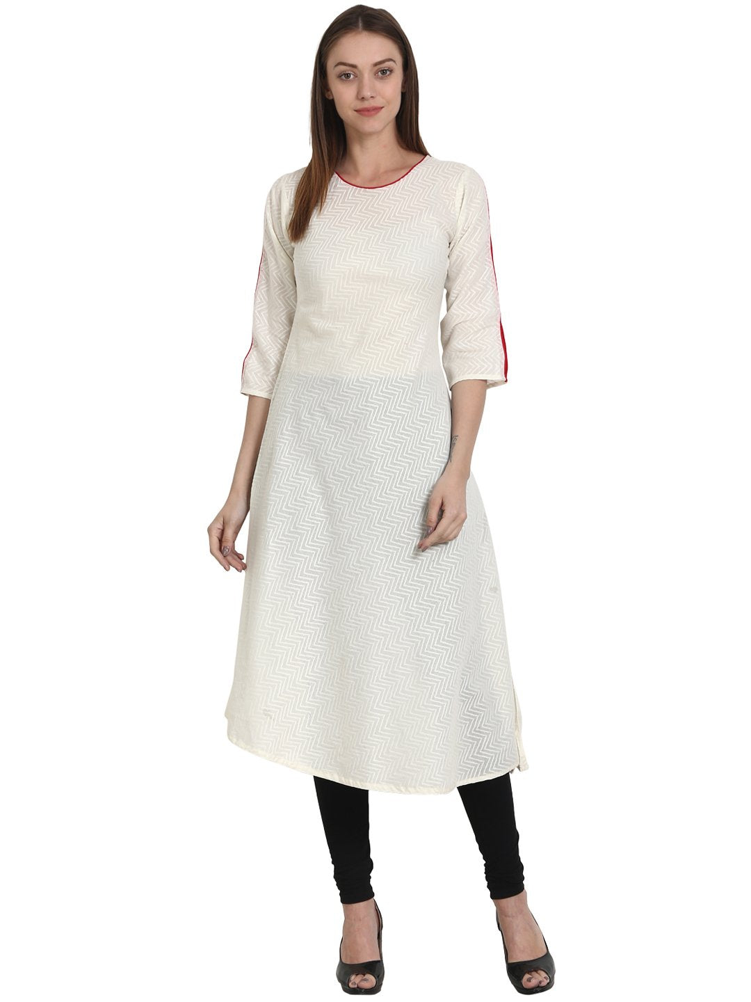 Women Solid White Three-Quarter Sleeves Round Neck Cotton A-Line Kurta | LASVINI - Redefining Indian Fashion with Elegance