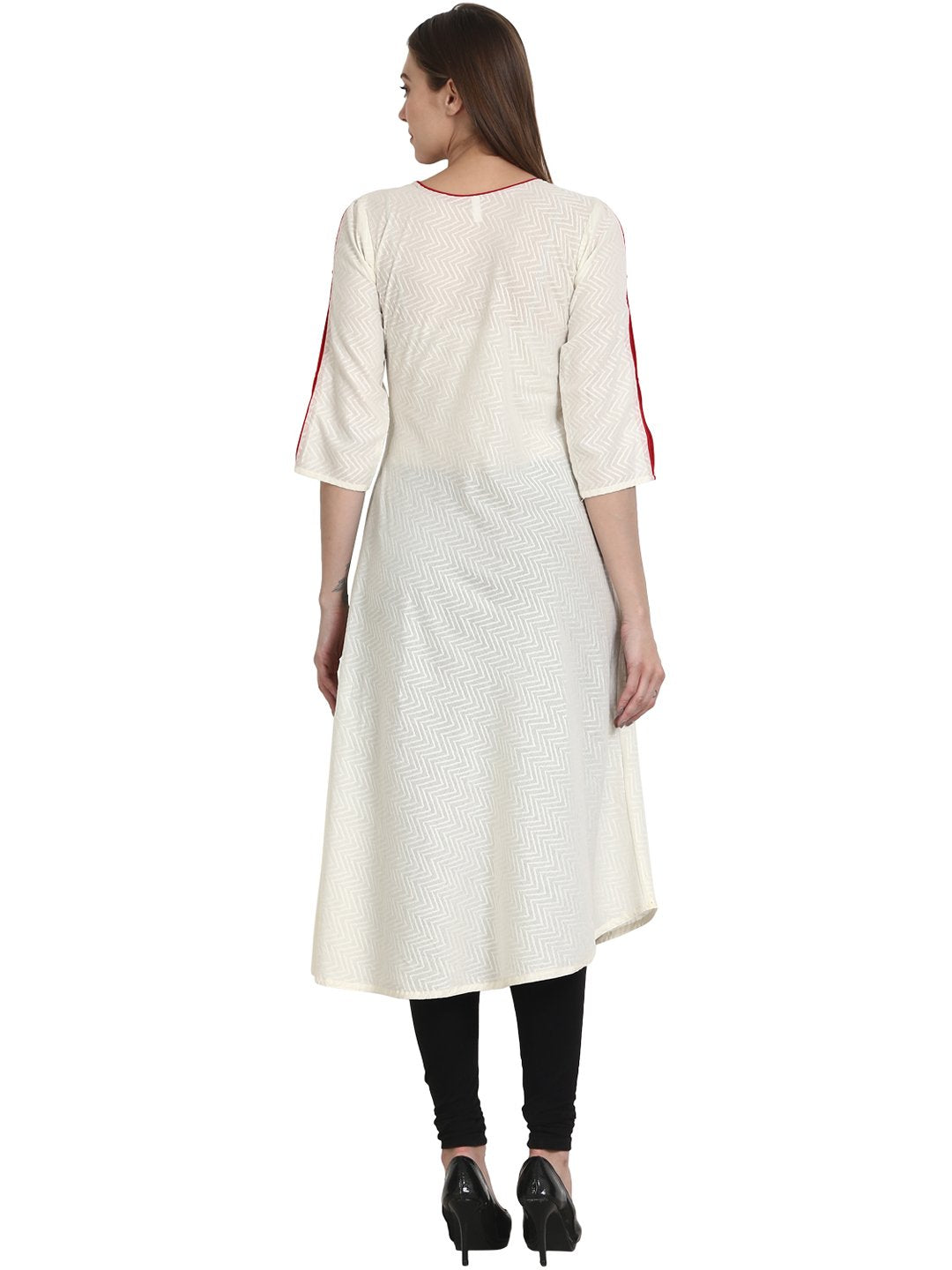 Women Solid White Three-Quarter Sleeves Round Neck Cotton A-Line Kurta | LASVINI - Redefining Indian Fashion with Elegance