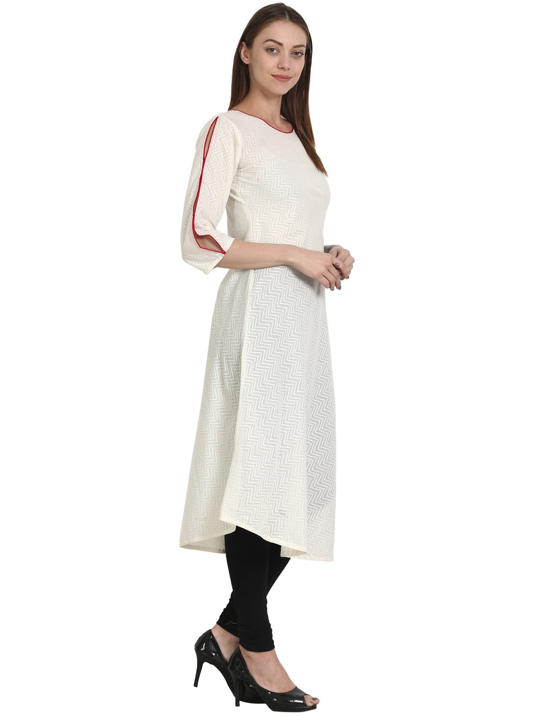 Women Solid White Three-Quarter Sleeves Round Neck Cotton A-Line Kurta | LASVINI - Redefining Indian Fashion with Elegance