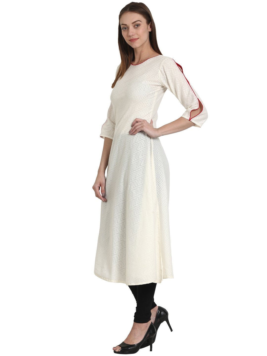 Women Solid White Three-Quarter Sleeves Round Neck Cotton A-Line Kurta | LASVINI - Redefining Indian Fashion with Elegance