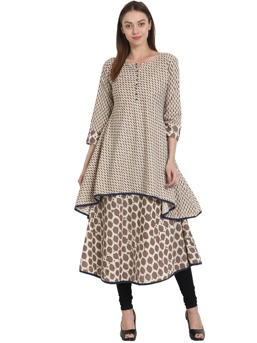 Women Printed Beige Three-Quarter Sleeves Round Neck Cotton A-Line Kurta | LASVINI - Redefining Indian Fashion with Elegance