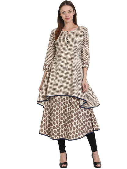 Women Printed Beige Three-Quarter Sleeves Round Neck Cotton A-Line Kurta | LASVINI - Redefining Indian Fashion with Elegance