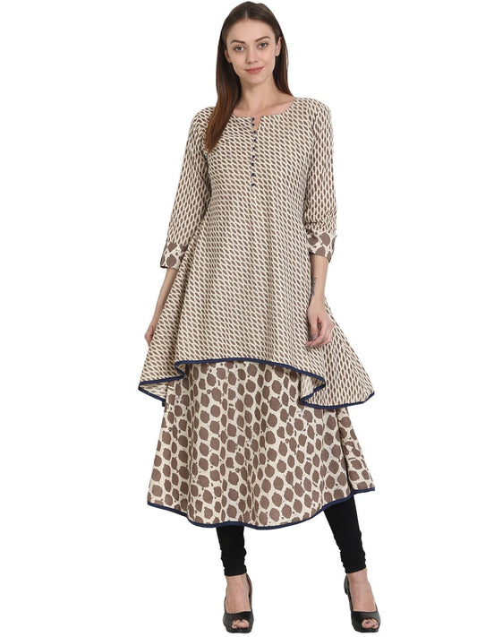 Women Printed Beige Three-Quarter Sleeves Round Neck Cotton A-Line Kurta | LASVINI - Redefining Indian Fashion with Elegance