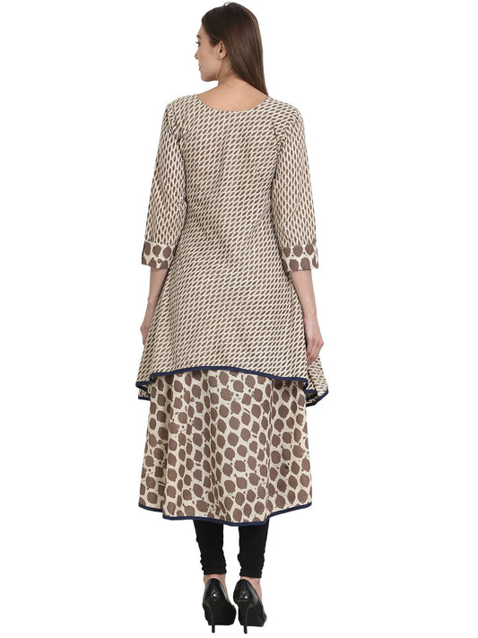 Women Printed Beige Three-Quarter Sleeves Round Neck Cotton A-Line Kurta | LASVINI - Redefining Indian Fashion with Elegance