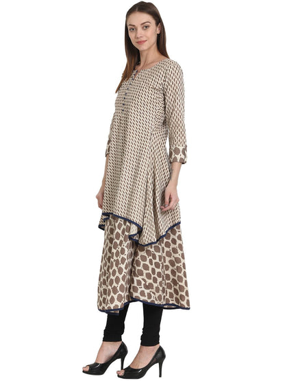 Women Printed Beige Three-Quarter Sleeves Round Neck Cotton A-Line Kurta | LASVINI - Redefining Indian Fashion with Elegance