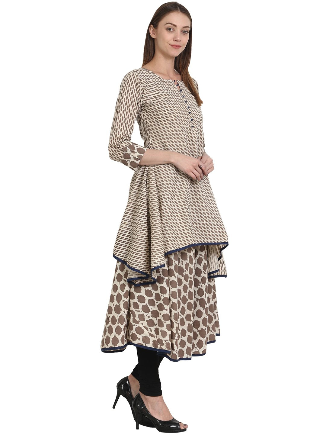 Women Printed Beige Three-Quarter Sleeves Round Neck Cotton A-Line Kurta | LASVINI - Redefining Indian Fashion with Elegance