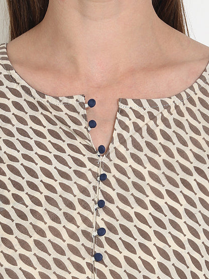 Women Printed Beige Three-Quarter Sleeves Round Neck Cotton A-Line Kurta | LASVINI - Redefining Indian Fashion with Elegance