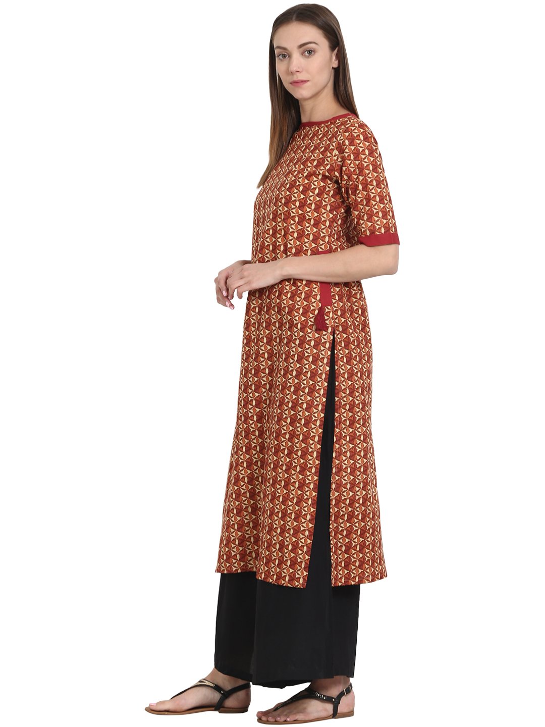 Red Printed Half Sleeve Cotton Kurta | LASVINI - Redefining Indian Fashion with Elegance