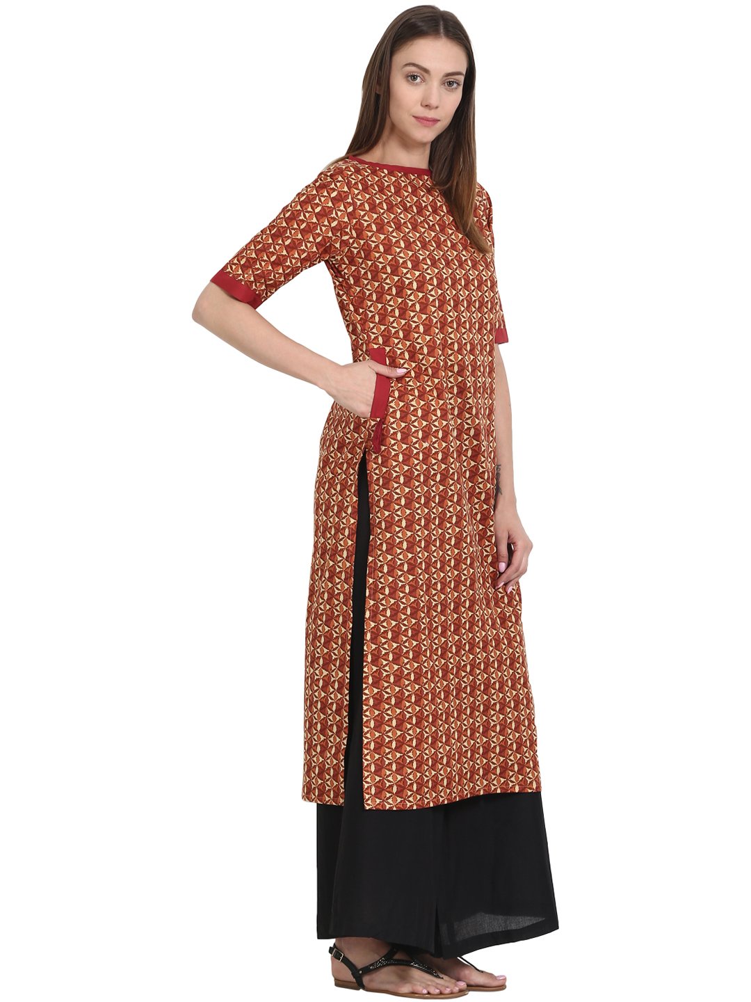 Red Printed Half Sleeve Cotton Kurta | LASVINI - Redefining Indian Fashion with Elegance