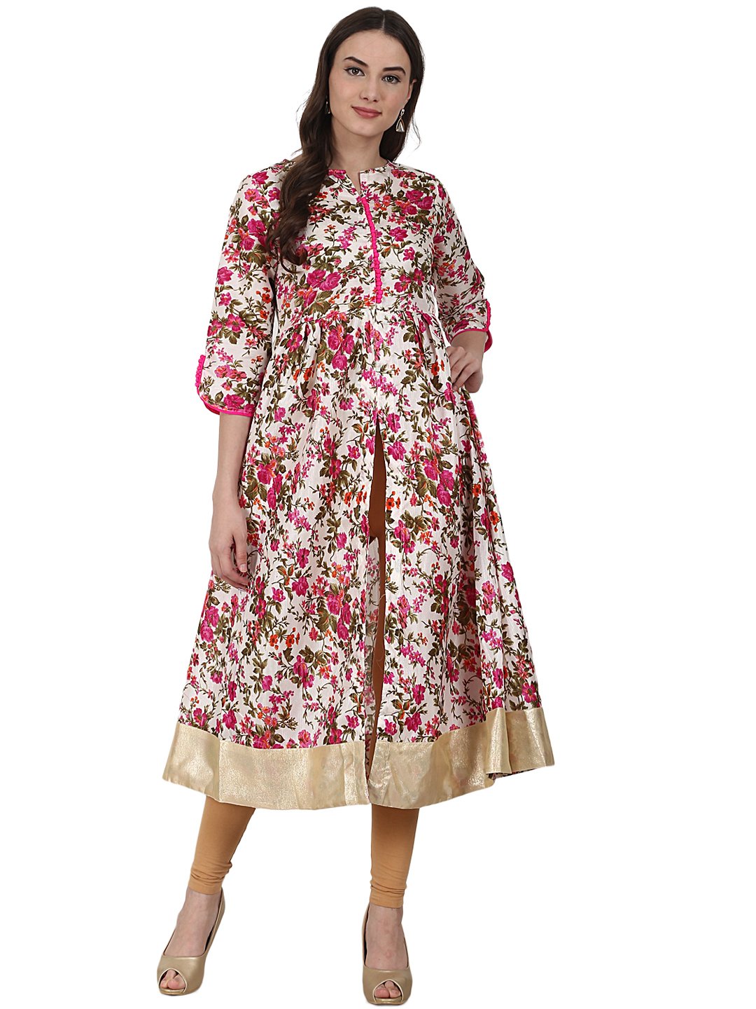 Silk Flower Printed 3/4 Sleeve Tale Cut Anarkali Kurta | LASVINI - Redefining Indian Fashion with Elegance