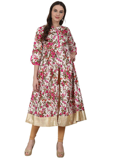 Silk Flower Printed 3/4 Sleeve Tale Cut Anarkali Kurta | LASVINI - Redefining Indian Fashion with Elegance