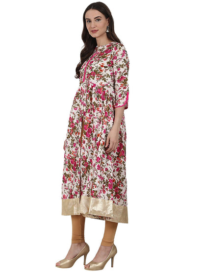 Silk Flower Printed 3/4 Sleeve Tale Cut Anarkali Kurta | LASVINI - Redefining Indian Fashion with Elegance