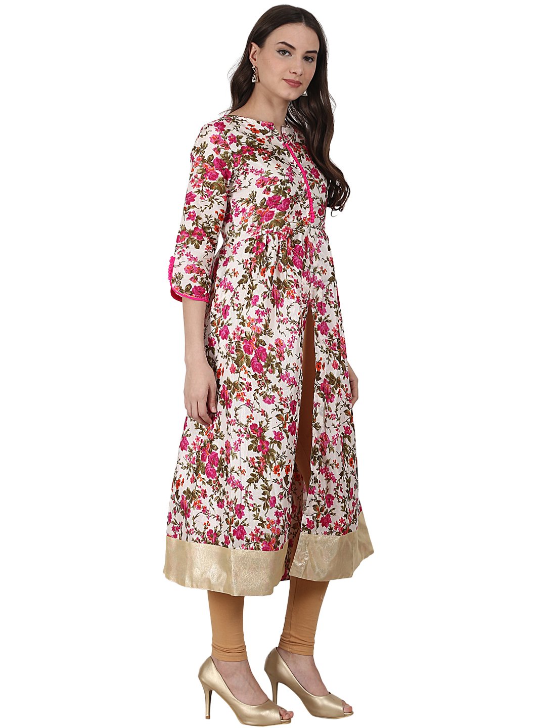 Silk Flower Printed 3/4 Sleeve Tale Cut Anarkali Kurta | LASVINI - Redefining Indian Fashion with Elegance