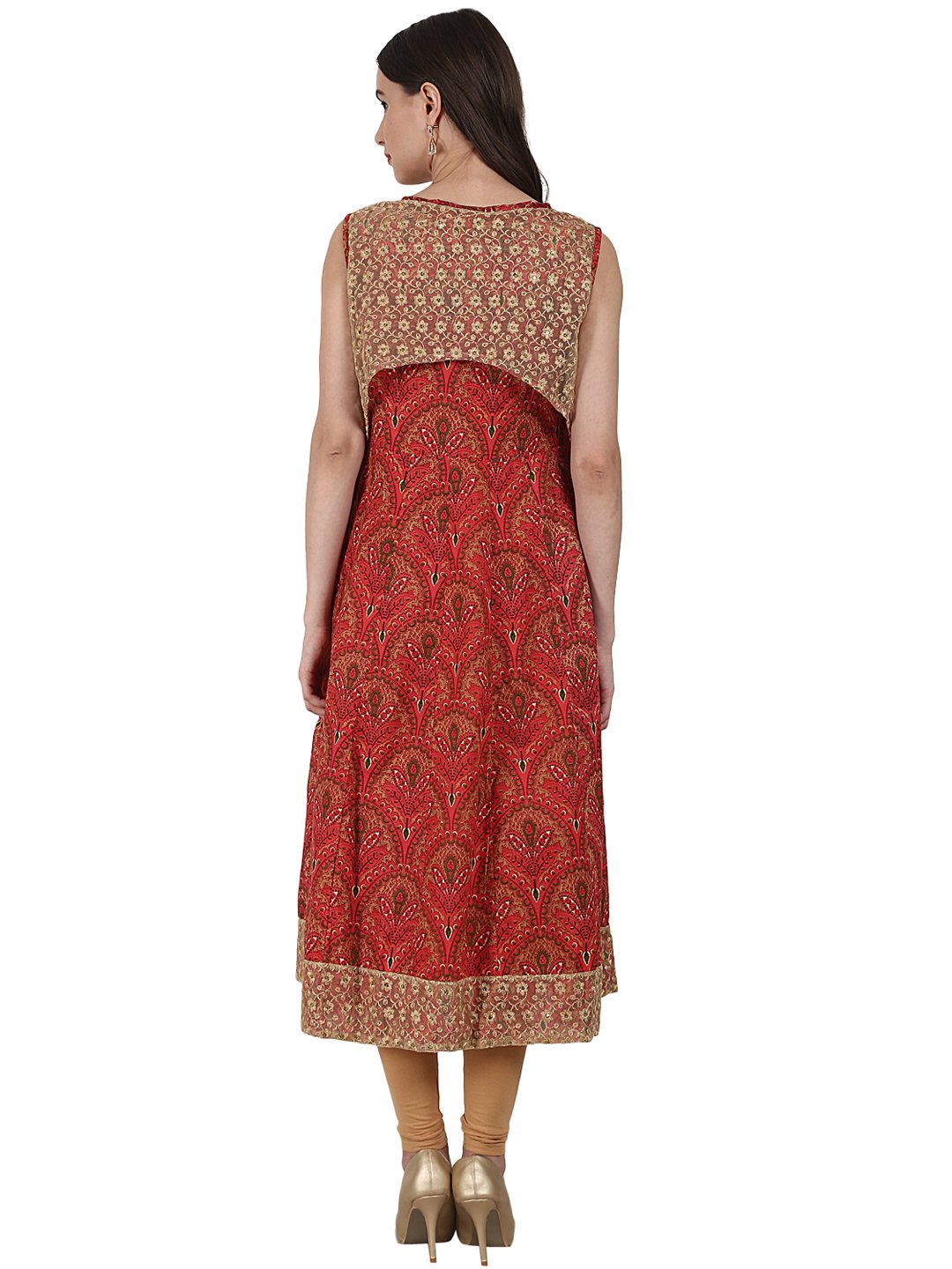 Red Sleevless Cotton Anarkali Kurta With Net Work In Yoke And Hemline | LASVINI - Redefining Indian Fashion with Elegance