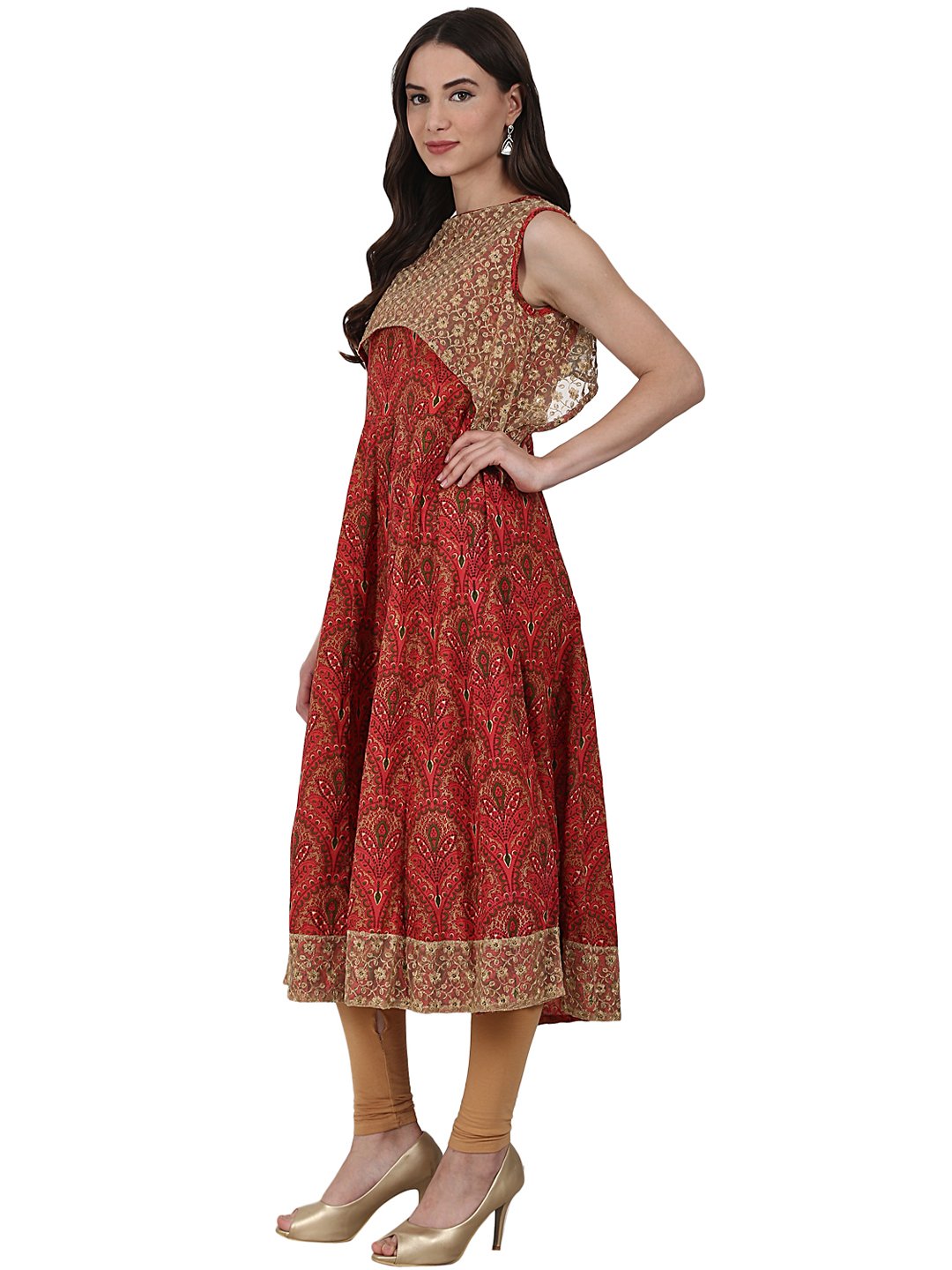 Red Sleevless Cotton Anarkali Kurta With Net Work In Yoke And Hemline | LASVINI - Redefining Indian Fashion with Elegance