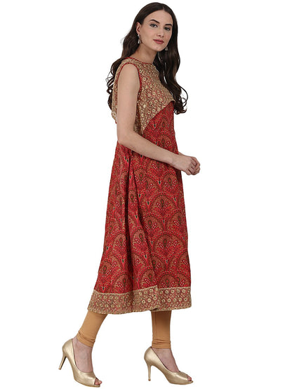 Red Sleevless Cotton Anarkali Kurta With Net Work In Yoke And Hemline | LASVINI - Redefining Indian Fashion with Elegance