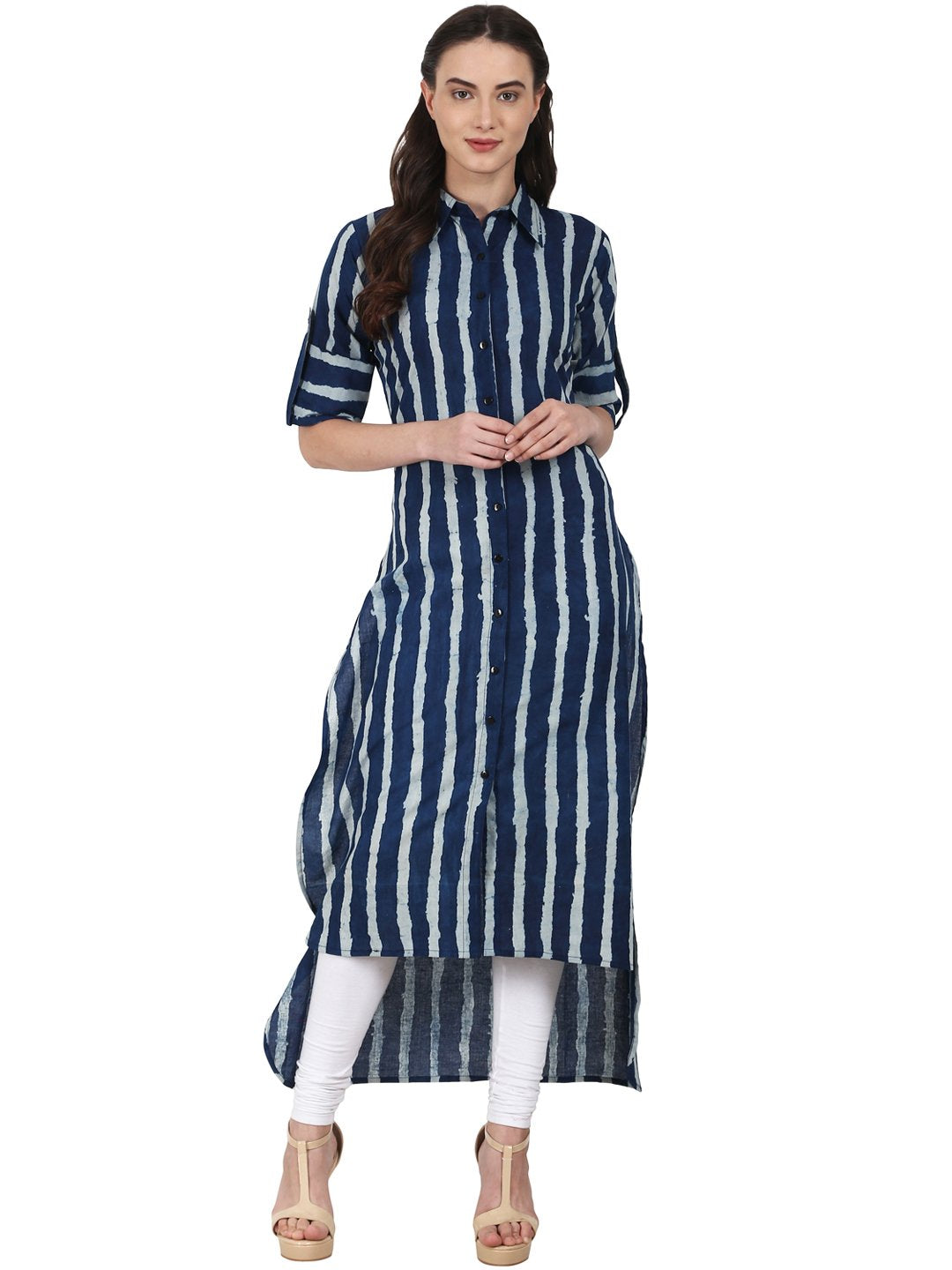 Women Blue Roll Up Sleeve Low High Cotton Kurta | LASVINI - Redefining Indian Fashion with Elegance