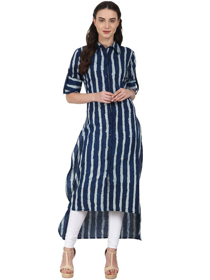 Women Blue Roll Up Sleeve Low High Cotton Kurta | LASVINI - Redefining Indian Fashion with Elegance