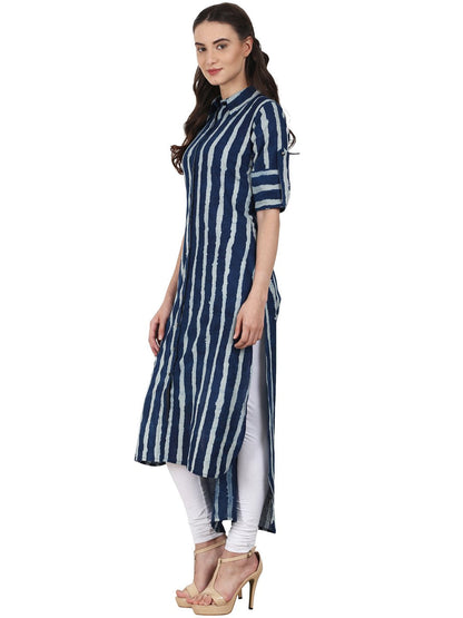 Women Blue Roll Up Sleeve Low High Cotton Kurta | LASVINI - Redefining Indian Fashion with Elegance